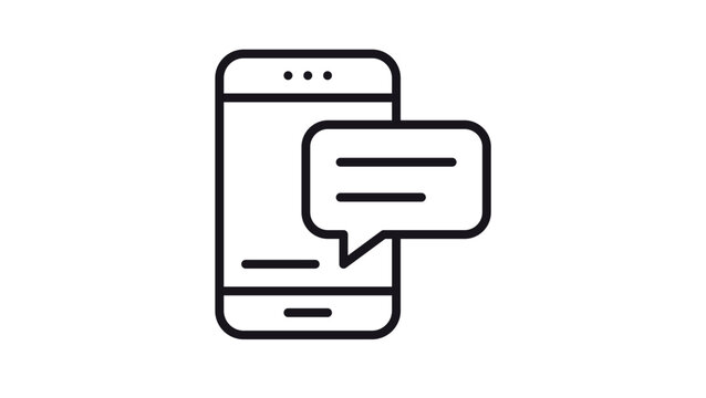 Minimalist black line vector icon of a smartphone with a speech bubble notification, representing mobile messaging, texting, online chat, communication, and digital social media interaction.