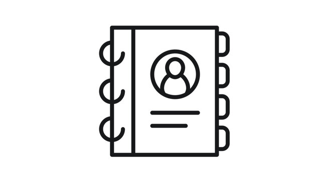 Minimalist black line vector icon of an address book or contact directory with a user profile symbol, spiral binding, and index tabs, perfect for business and communication design projects.