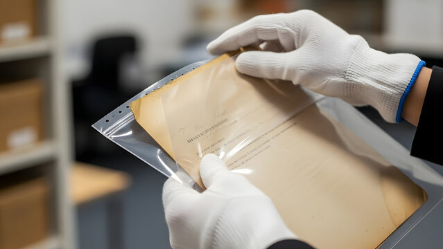 Person wearing protective gloves handling a vintage paper document in a plastic sleeve.