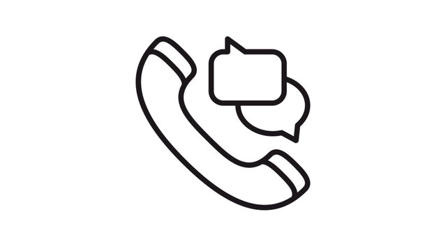 Telephone handset and speech bubbles vector icon illustration. Black outline symbol representing communication, customer support, phone calls, messaging, and contact services. Minimalist design.