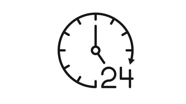 Minimalist 24-hour service vector icon illustration featuring a clock face with a circular arrow and the number 24, representing around-the-clock availability, full-day support, and time management.