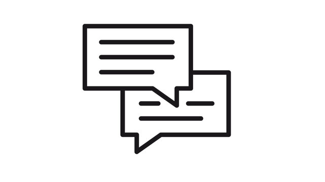 Minimalist black line vector icon illustration of two speech bubbles representing communication, chat, messaging, and dialogue. Scalable graphic symbol for web design, mobile apps, and social media.