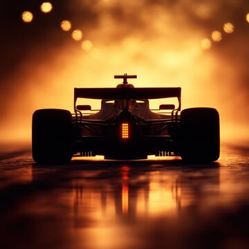 rear silhouette of an open-wheel race car on a wet reflective track with glowing rear light, golden backlighting, smoky bokeh lights and an intense adrenaline-charged atmosphere