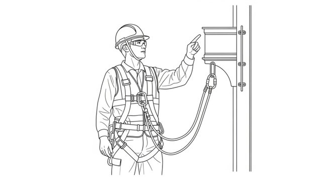 Worker in safety harness connected to fall arrest system on vertical lifeline.