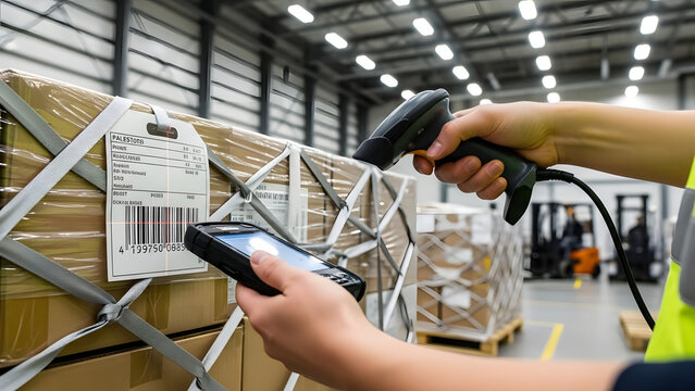 Warehouse worker using a handheld barcode scanner on palletized cargo.