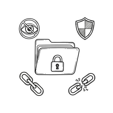 Data protection and privacy concept vector doodle illustration with folder padlock chain and shield for cyber security.