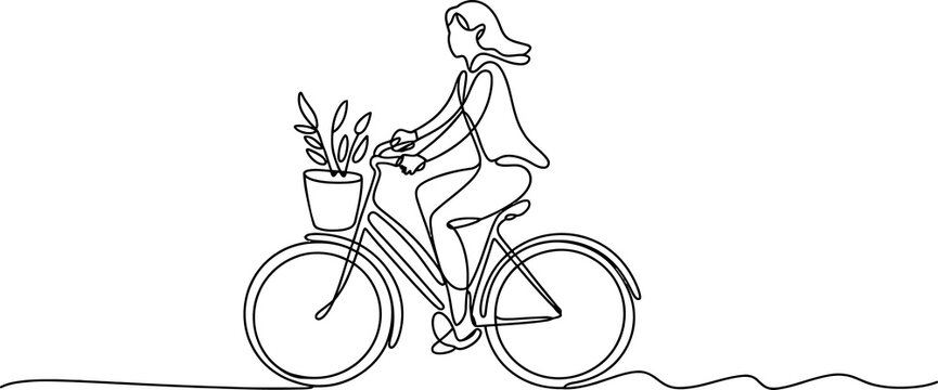 continuous one line drawing Cartoon illustration of a person holding a bicycle with a basket enjoying cycling activity