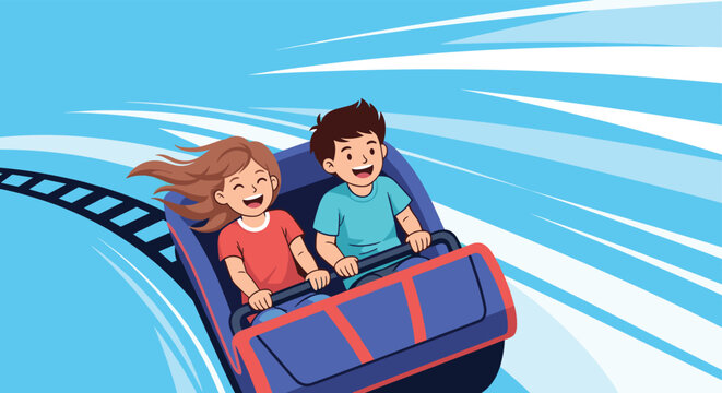Two happy children riding a fast roller coaster with wind in their hair against bright blue background in flat illustration.