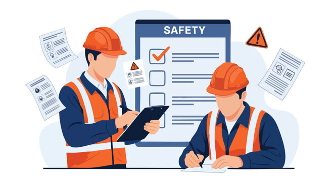 Construction Safety Checklist. Workers Reviewing Safety Plan. Workplace Safety Concept.