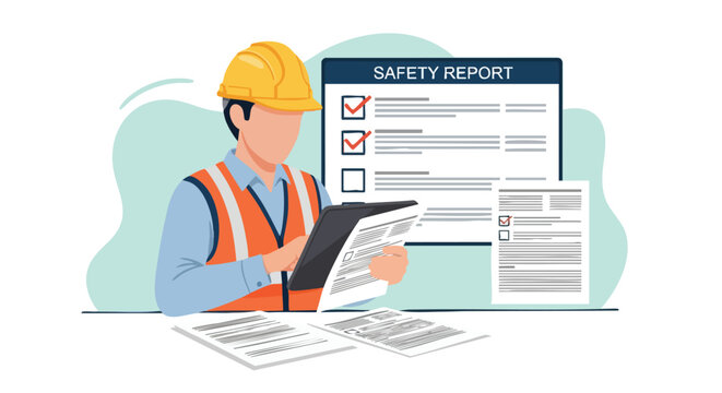 Construction Worker Inspecting Safety Report. Worker Safety. Professional. Illustration.