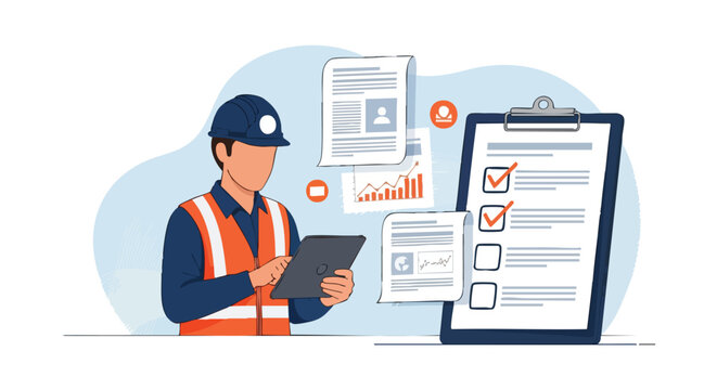 Construction Worker with Tablet and Checklist. Project Management.