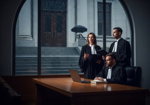 Three Lawyers in Black Robes Discussing Case in Courtroom with Rainy