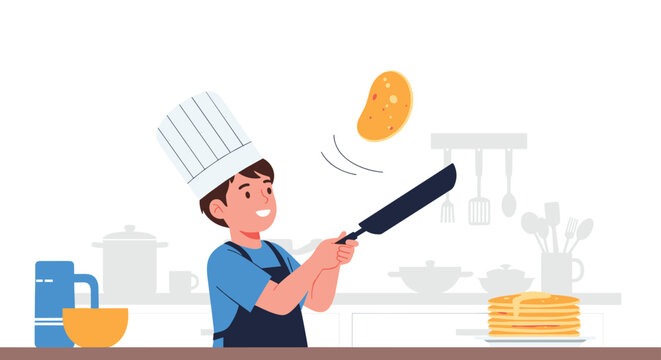 Cheerful young boy wearing a white chef hat and apron skillfully flips a golden pancake in a pan in a modern kitchen setting.