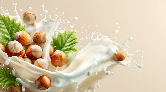 Whole hazelnuts and green leaves falling into a splash of fresh milk on beige background