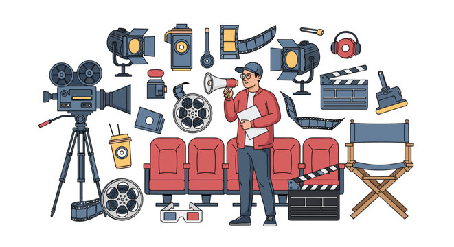 Professional film director with a megaphone stands amidst a collection of movie production equipment like cameras and lights.
