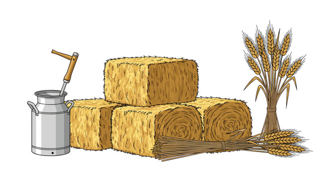 Detailed farm landscape illustration with stacked rectangular hay bales, a galvanized milk can, and bundles of dried wheat stalks.
