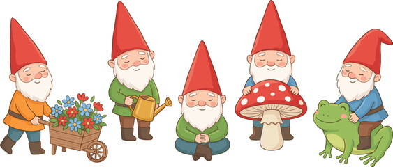 Fototapeta premium Cute Garden Gnome Collection with Flowers, Watering Can, Mushroom, and Frog Flat Vector Illustration for Fantasy, Nature, and Whimsical Design Projects