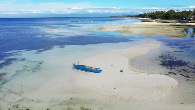 A traditional blue outrigger boat rests on a sandy beach with shallow clear waters and palm trees in Siquijor Island, Philippines. Tranquil tropical scenery ideal for travel and tourism concepts.