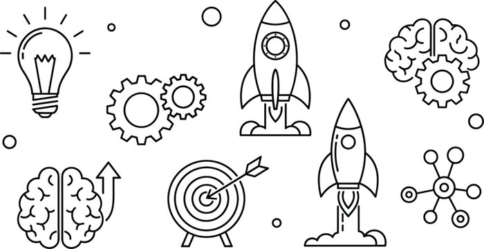 Startup and innovation line icons with rocket launch target brain and idea symbols isolated on transparent background business technology vector illustration