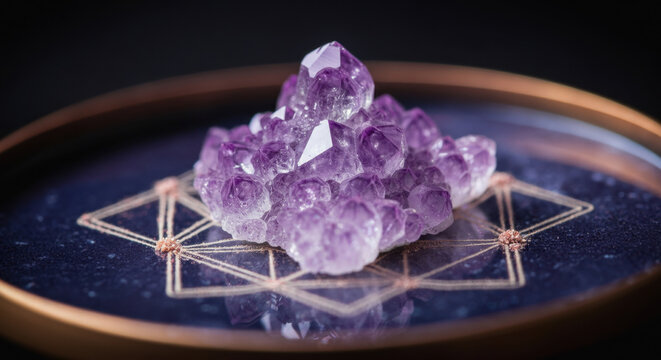 Stunning amethyst crystal cluster, showcasing its vibrant purple facets, rests elegantly dark, reflective tray with golden geometric pattern