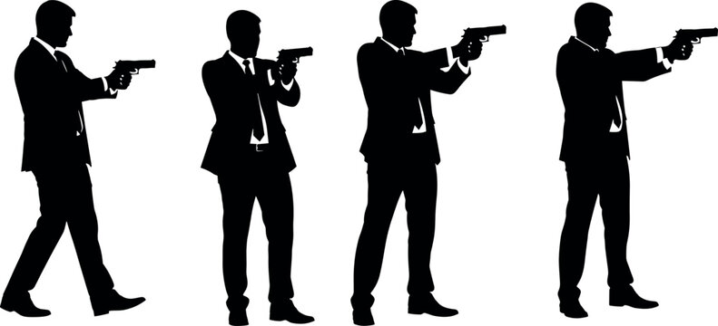 Black silhouette vector illustration of a secret agent businessman in a suit aiming a handgun weapon isolated on white background