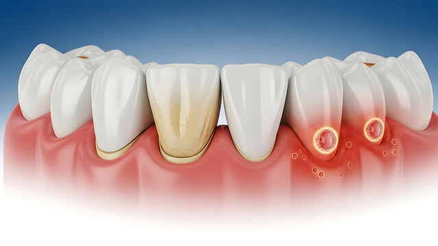 3D illustration of a row of white teeth with red, inflamed gingivitis or periodontal disease affecting the gum tissue