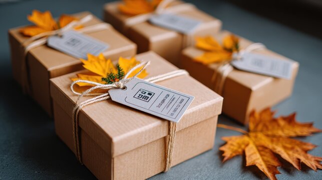Gift box with autumn leaf decoration and tag on dark surface, cozy seasonal packaging for fall celebration or special occasion with natural rustic style
