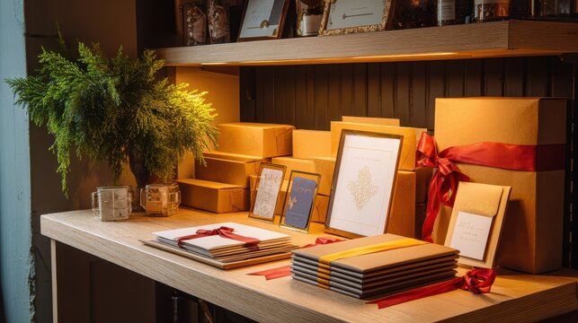 Organized packaging station with warm light, brown paper wrapped gifts, red ribbon, framed art, and green plant creating cozy and festive atmosphere on wooden table