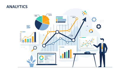 Fototapeta premium Business Analytics Concept: Man Analyzing Financial Data Charts and Graphs on Screen