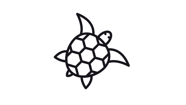 Minimalist black line art vector icon of a sea turtle with a detailed hexagonal patterned shell and flippers, isolated on white background. Ideal for marine life, ocean conservation, and nature.