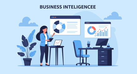 Fototapeta premium Business intelligence analysis with charts and graphs, woman working on data