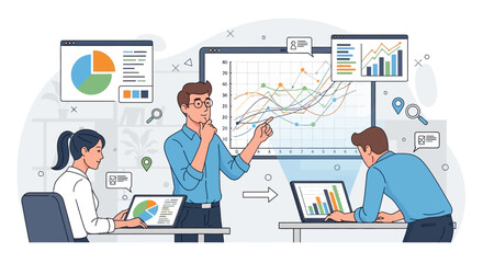 Obraz premium Business team analyzing charts and graphs on screen and laptops in office meeting