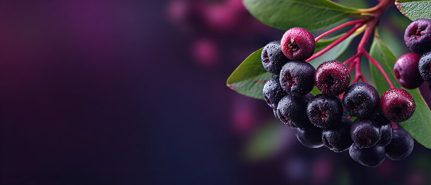 Aronia berries/black chokeberries on blurred background. Superfood and antioxidant concept, health, metabolic support, and immune boosting. 