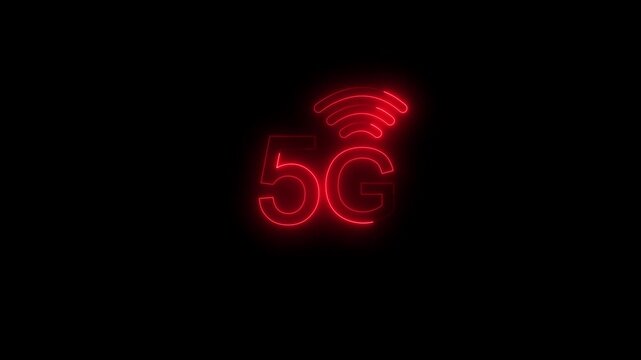 5G network icon animation glowing neon red color computer and smart phone WIFI internet sign symbol on black background