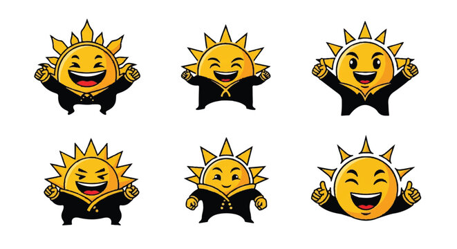 Cartoon sun character set vector illustrations for design