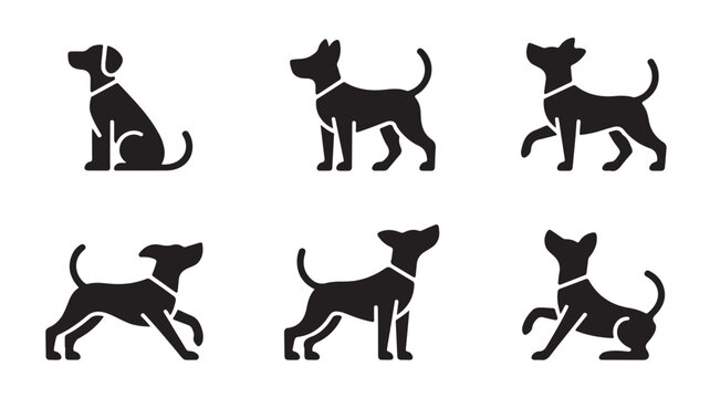 Black dog silhouettes in various poses on white background for animal and pet concepts