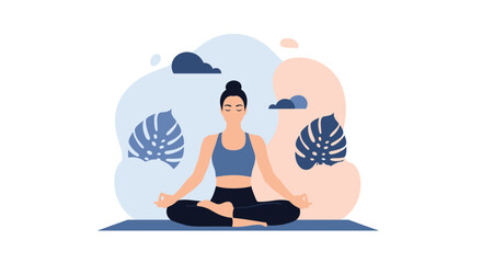 Fototapeta premium Peaceful woman practicing meditation and yoga in a lotus position with a calm abstract background and tropical leaf motifs.