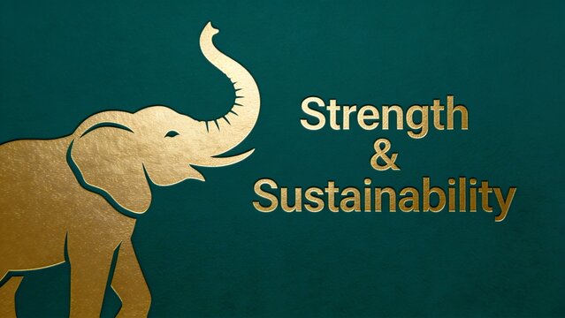 Minimalist premium gold elephant silhouette poses with its trunk up, at left side on deep emerald background , text: Strength & Sustainability, suitable for corporate ESG report cover and branding