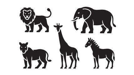Obraz premium Black silhouettes of lion, elephant, wolf, giraffe, and donkey on white background for wildlife and animal concepts