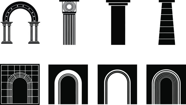 Architectural elements collection a black and white vector illustration of classical columns arches and window frames