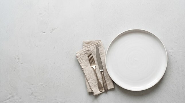 Minimalist empty place setting with white plate  and cutlery on white background, flat lay photography
