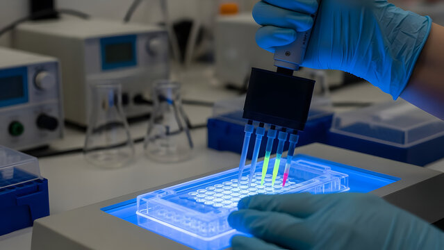 Scientist using multichannel pipette on gel electrophoresis tray in laboratory.