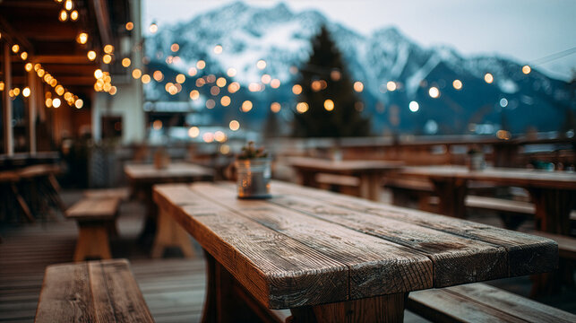 Cozy Mountain Terrace Scene With Tables And Blurred Alpine Landscape