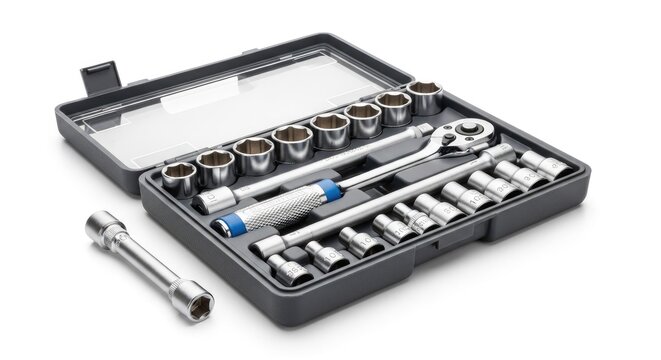 Professional socket wrench set displayed in a durable plastic case