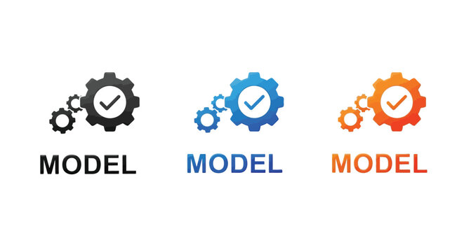 A gear checkmark model icon set in different colors and styles