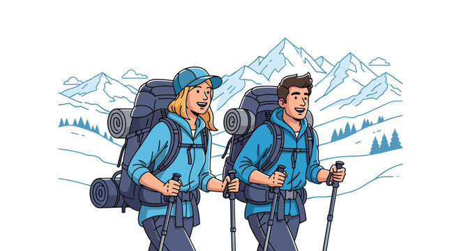 Pair of hikers in blue jackets and backpacks use trekking poles to navigate through a beautiful snowy mountain range in the winter.