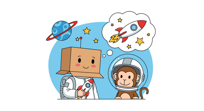 Young child wearing a cardboard box helmet and a cute monkey dream together about flying a rocket ship into outer space to visit planets.