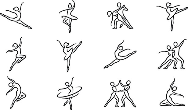 Abstract dance line icons set, ballet and partner movement poses, minimal vector illustration collection design pack