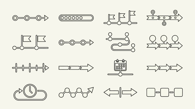 Vector Icon Set of Directional Arrows with Timeline and Control Symbols for User Interface Design