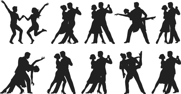 Couple dance silhouettes set, ballroom tango partner poses collection, black vector illustration romantic performance design pack